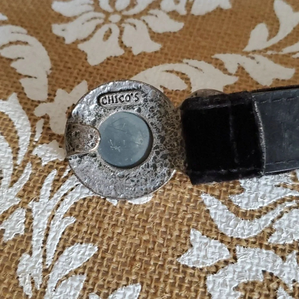 Chico's Adjustable Black Leather Belt with Rhinestone Buckle